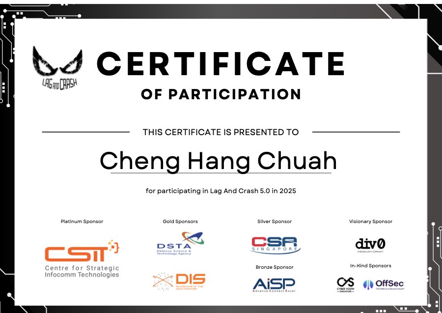 Lag and Crash 5.0 certificate