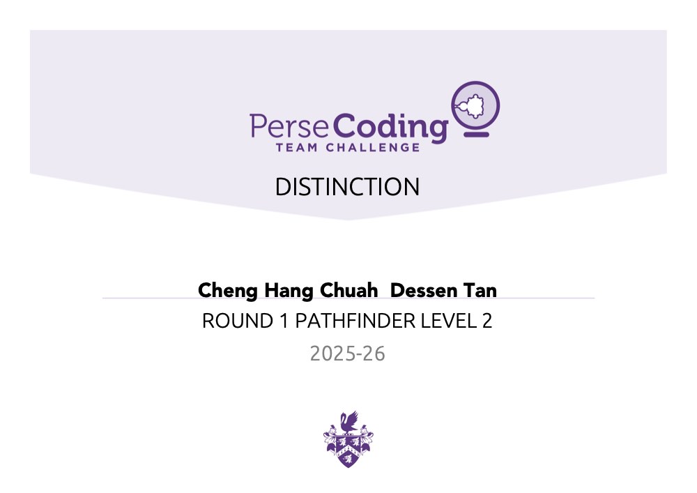 Perse Coding Team Challenge Round 1 distinction certificate