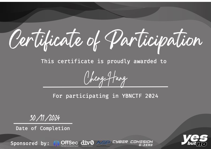 YBNCTF 2024 certificate
